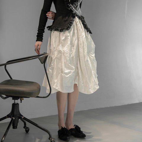 Asymmetric Pleated Long Skirt In White