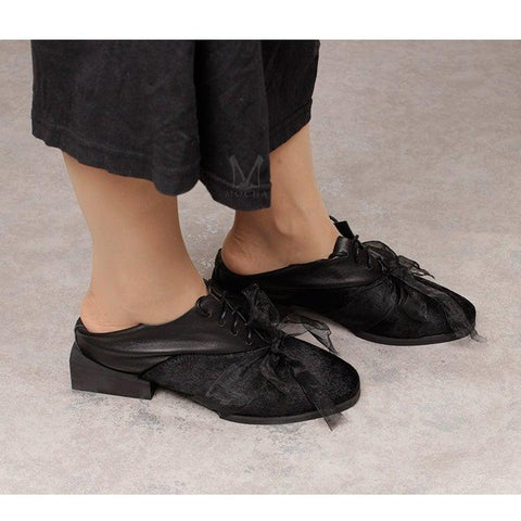 Ribbon Lace-Up Leather Shoes